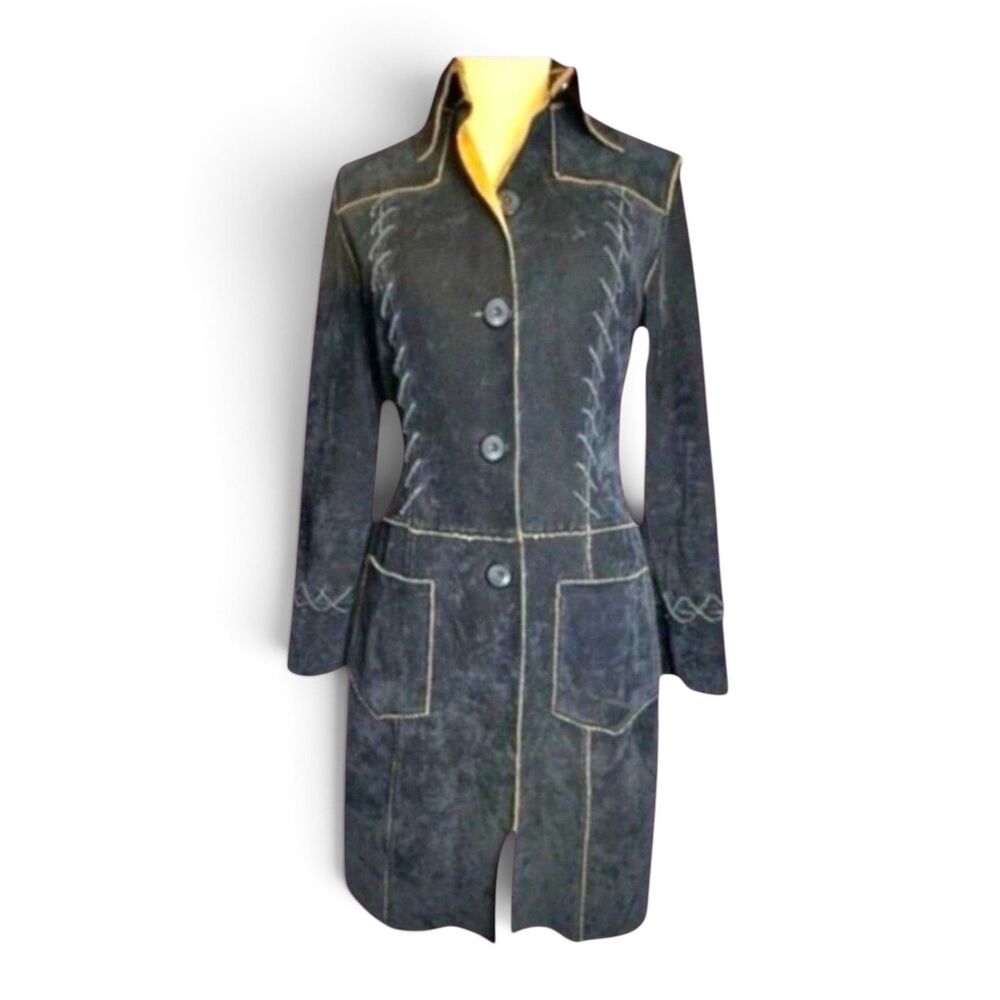 Pretty Black Embroidered Long Coat Jacket Women's Size 2